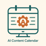 Flat digital icon of an AI content calendar, showing a minimalist calendar with a central gear in burnt orange, surrounded by structured lines in petroleum green on a light beige background.