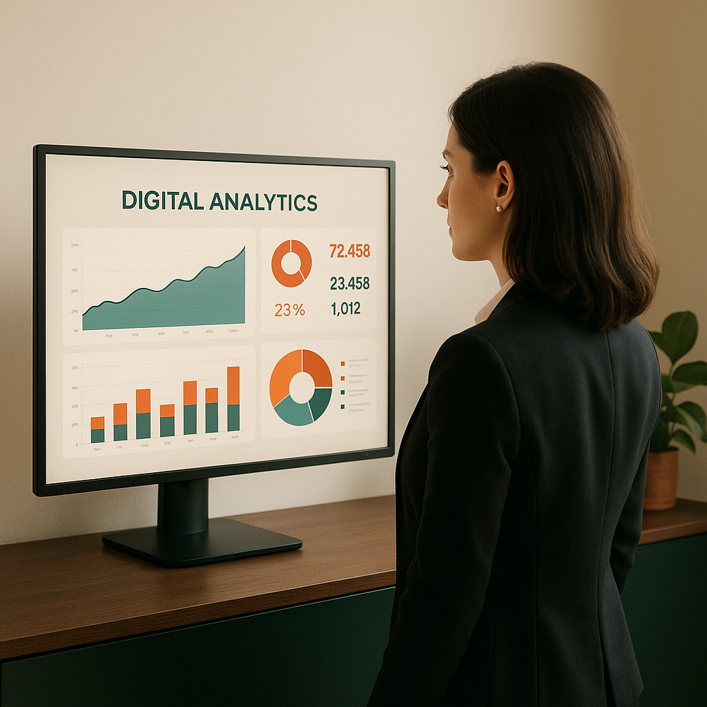 Businesswoman analyzing a digital analytics dashboard with charts and statistics in a modern, minimalist office.