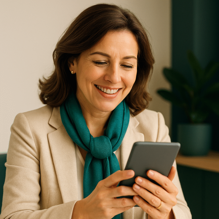 Professional woman with a green scarf smiling while looking at her smartphone in a modern office, conveying satisfaction and success.