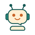 Minimalist chatbot icon representing a friendly virtual assistant, with a light beige face, burnt orange eyes and smile, and petroleum green antennas and outline, on a clean background.