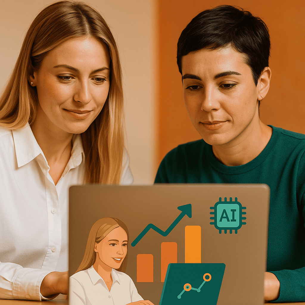 Fotografía de alta calidad que muestra a dos mujeres españolas con características diferentes — una rubia de cabello largo y camisa blanca, y otra morena de cabello corto y suéter verde — colaborando juntas en un ordenador portátil con gráficos y elementos de inteligencia artificial.