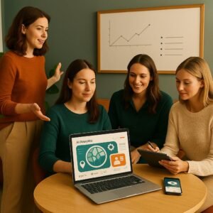 Quattro donne collaborano in un ufficio moderno e accogliente, lavorando con strumenti digitali e analisi AI in un ambiente armonioso e professionale.