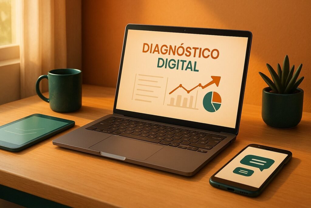 Scrivania moderna con laptop, tablet e smartphone sincronizzati che mostrano strumenti di diagnostica digitale, illuminati da luce naturale calda con dettagli in verde petrolio e arancione bruciato.