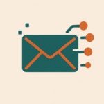 Minimalist digital icon for Email Marketing Essencial, featuring a stylized envelope with digital connection symbols in petroleum green and burnt orange, on a light beige background.