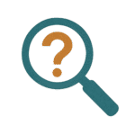 Icona con lente d'ingrandimento e punto interrogativo arancione, simbolo di mancanza di visibilità online.