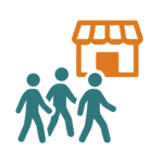 Icona con gruppo di persone che si dirigono verso un negozio, simbolo dell’arrivo di nuovi clienti in un’attività locale.