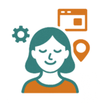 Icona di una donna serena circondata da simboli digitali come ingranaggio, geolocalizzazione e finestra web, rappresenta una presenza online gestita senza stress.