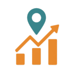 Icona con pin di localizzazione e grafico in crescita, simbolo della visibilità locale e del posizionamento del business.