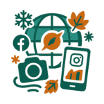 Icona del pacchetto Impulso Estacional con un globo digitale, simboli social media, foglie autunnali, fiocchi di neve e una bussola in arancione e verde, evocando campagne stagionali geolocalizzate.