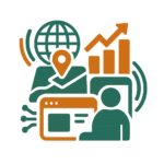 Icona per il pacchetto Transformación Digital Completa con elementi come globo digitale, grafico in crescita, figura umana e finestra web stilizzata, in colori caldi e professionali.