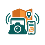 Icona per il pacchetto Turismo Local Digital che mostra una mappa, una fotocamera, uno smartphone e un pin digitale, con onde simboliche in arancione bruciato e verde petrolio su sfondo beige caldo.