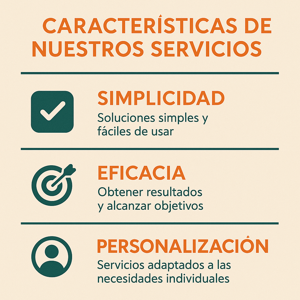 Infografía de estilo moderno en fondo beige que destaca las características de nuestros servicios: Simplicidad, Eficacia y Personalización, con iconos claros y secciones bien definidas.