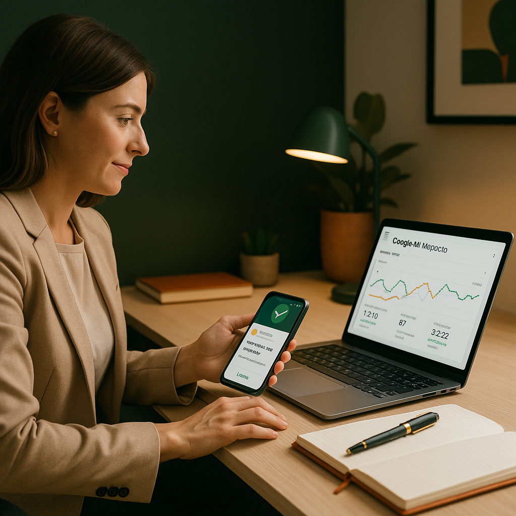 Professional woman managing her Google My Business profile in a modern office with a smartphone and laptop, surrounded by warm decor in green, beige, and orange accents.