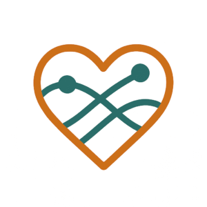 A heart-shaped icon with intertwining green connection lines, symbolizing unity and collaboration, outlined in burnt orange on a white background.