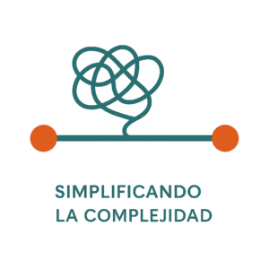 Ilustración minimalista de un diagrama que representa la idea de simplificar la complejidad, con líneas y círculos sobre fondo blanco.