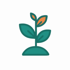 Ícono minimalista de un brote verde con hojas y un toque de color naranja, simbolizando el crecimiento sostenible y la naturaleza.