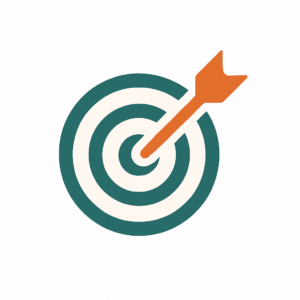 Flat design icon of a target with a burnt orange arrow hitting the center, symbolizing precision and measurable results, on a white background.
