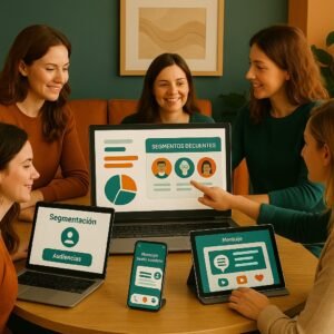 Gruppo di donne in ufficio mentre collaborano su messaggi digitali personalizzati, con dispositivi che mostrano segmenti di audience e preferenze dei clienti su schermi interattivi.