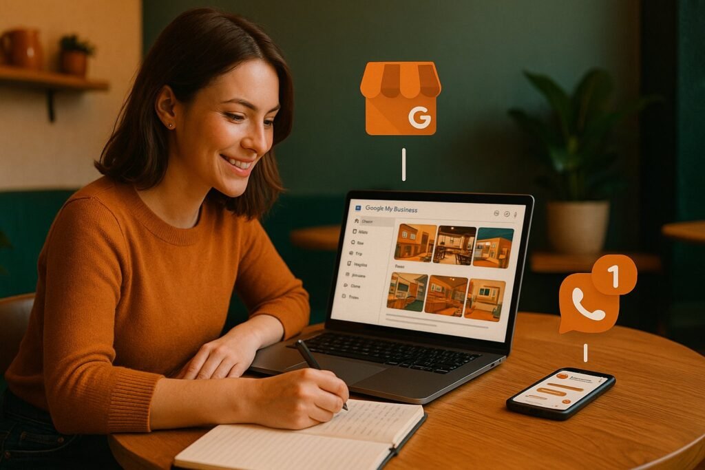 Donna che lavora in un caffè accogliente con Google My Business aperto sul laptop e WhatsApp Business sullo smartphone, accompagnata da icone stilizzate che rappresentano i due strumenti digitali.