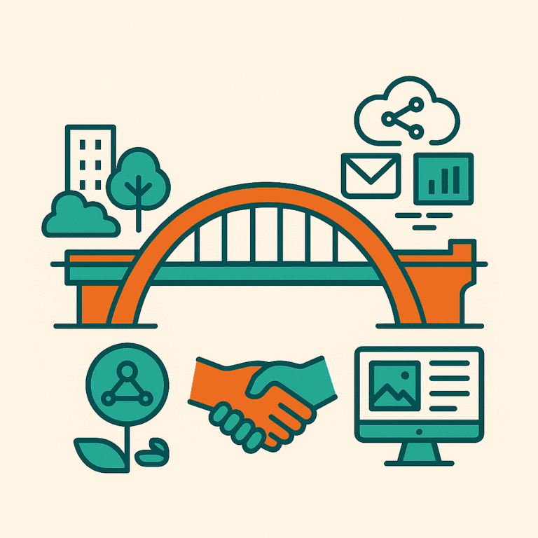 Ilustración minimalista de un puente estilizado que conecta un entorno offline (edificios, naturaleza) con un entorno online (iconos tecnológicos como nube, correo y gráficos), usando colores naranja quemado, verde petróleo y verde bosque.