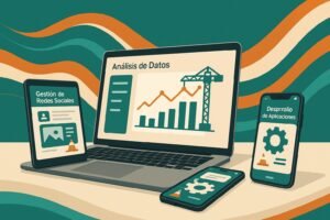 Illustrazione digitale con laptop, tablet e smartphone che mostrano schermate di Análisis de Datos, Gestión de Redes Sociales e Desarrollo de Aplicaciones, su uno sfondo dinamico con onde colorate.