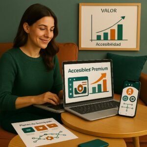 Mujer trabajando en un espacio de coworking con gráficos en pantalla que muestran servicios premium accesibles, junto a planes de suscripción e íconos digitales de automatización.