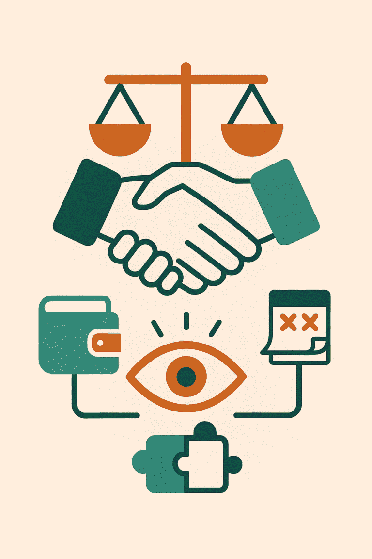 Ilustración minimalista de una balanza naranja, un apretón de manos verde y un ojo abierto, representando ética, confianza y transparencia sobre un fondo beige claro.