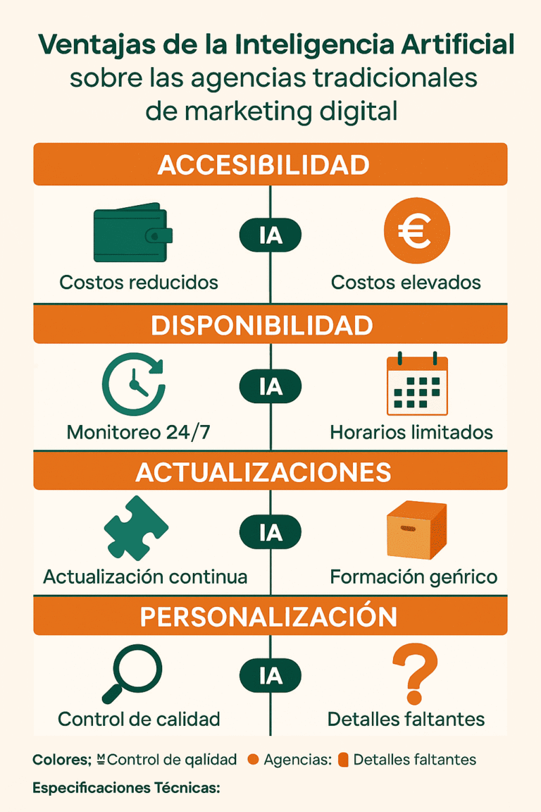 Infografía comparativa de las ventajas de la inteligencia artificial frente a las agencias tradicionales de marketing digital