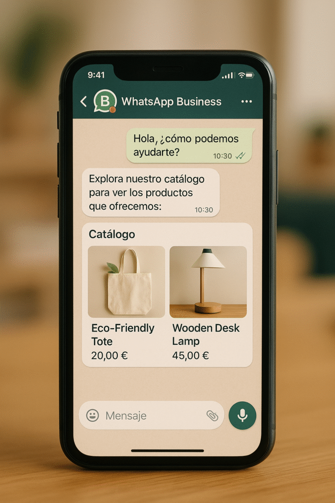 A smartphone screen displaying a WhatsApp Business conversation with automatic replies and a product catalog featuring eco-friendly items, set in a cozy, softly lit workspace.