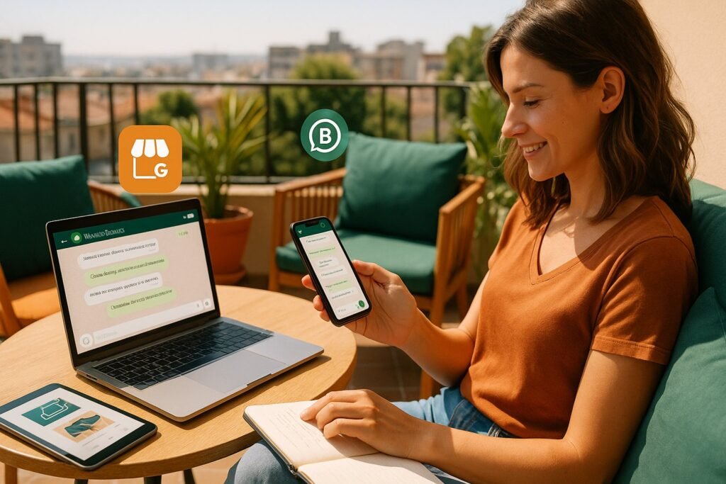 Donna seduta su una terrazza assolata mentre utilizza WhatsApp Business sullo smartphone e visualizza un catalogo prodotti su tablet, in un ambiente accogliente con colori caldi e urbani.