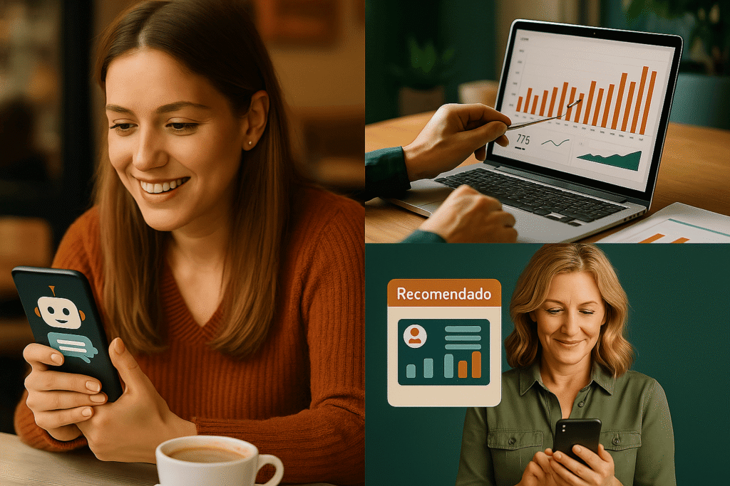 Collage fotorealista que muestra cómo las pymes pueden usar la inteligencia artificial para mejorar la atención al cliente, analizar datos de ventas y recibir recomendaciones personalizadas como "Diagnóstico Digital", optimizando sus operaciones sin aumentar el equipo humano.