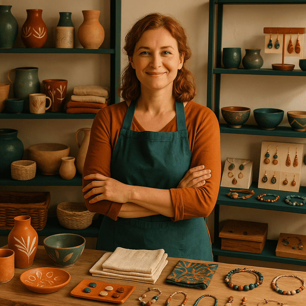 "Mujer artesana europea orgullosa en su taller, rodeada de cerámicas, textiles y joyas hechas a mano"