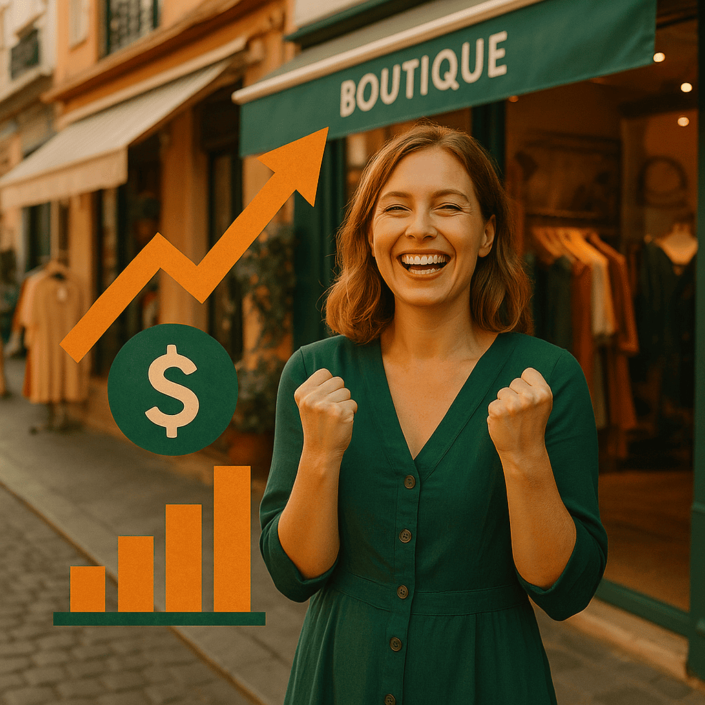 "Propietaria feliz frente a su boutique en zona turística, con gráficos de crecimiento en tonos naranja y verde"
