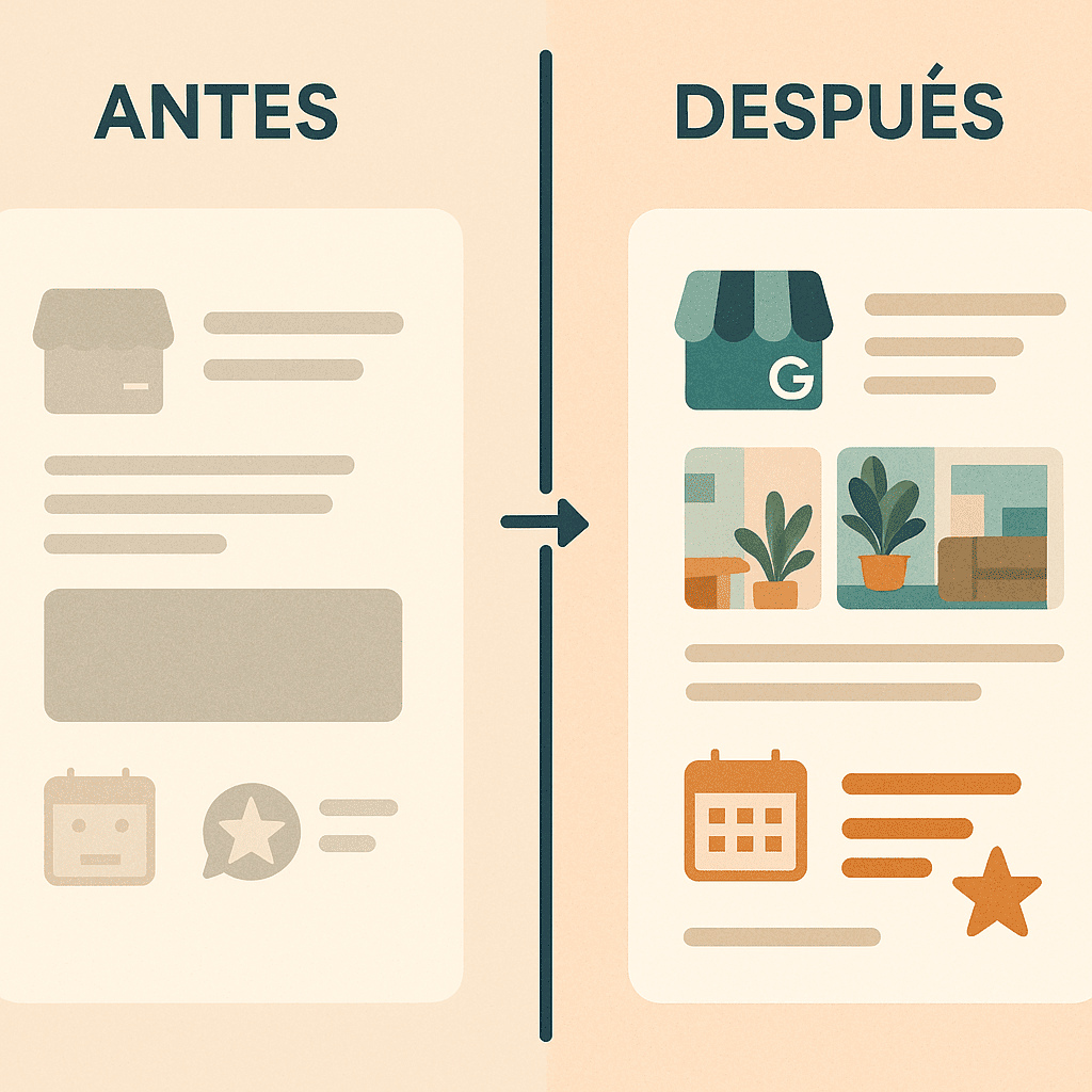 Comparación visual entre una ficha de Google My Business sin optimizar y una optimizada, mostrando mejoras en imágenes, información y participación del cliente.