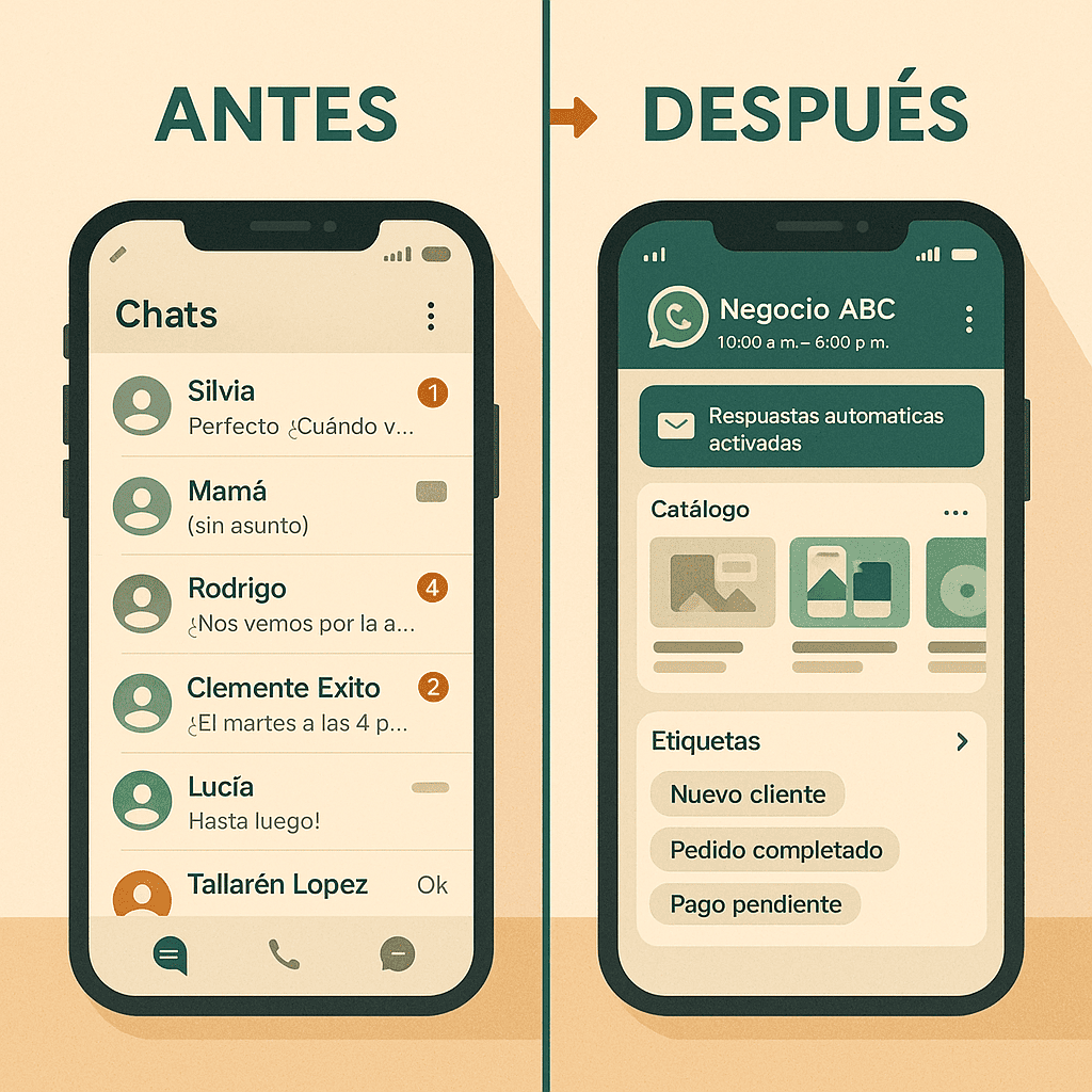Comparación visual entre el uso personal y el uso profesional de WhatsApp, mostrando la transición a WhatsApp Business con respuestas automáticas, catálogo y etiquetas.