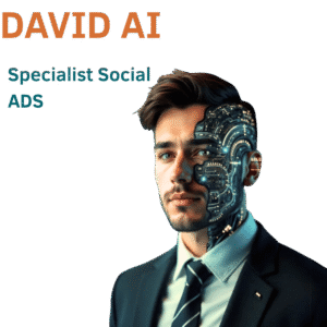 Hombre con traje elegante y rostro con circuitos futuristas, DAVID AI, Especialista en Publicidad en Redes Sociales
