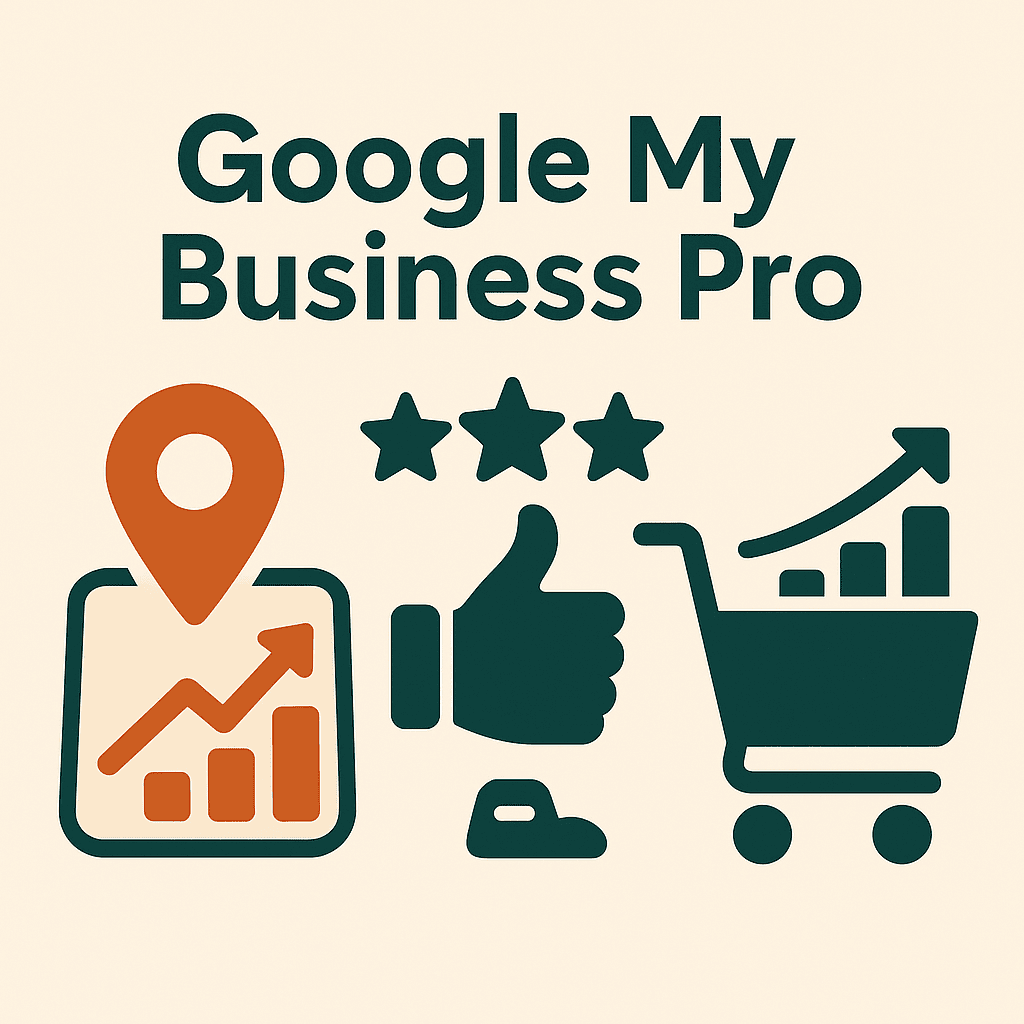 Icono de Google My Business Pro mostrando aumento en visibilidad, reputación y ventas con elementos gráficos como pin de mapa, estrellas, pulgar arriba y carrito de compras.