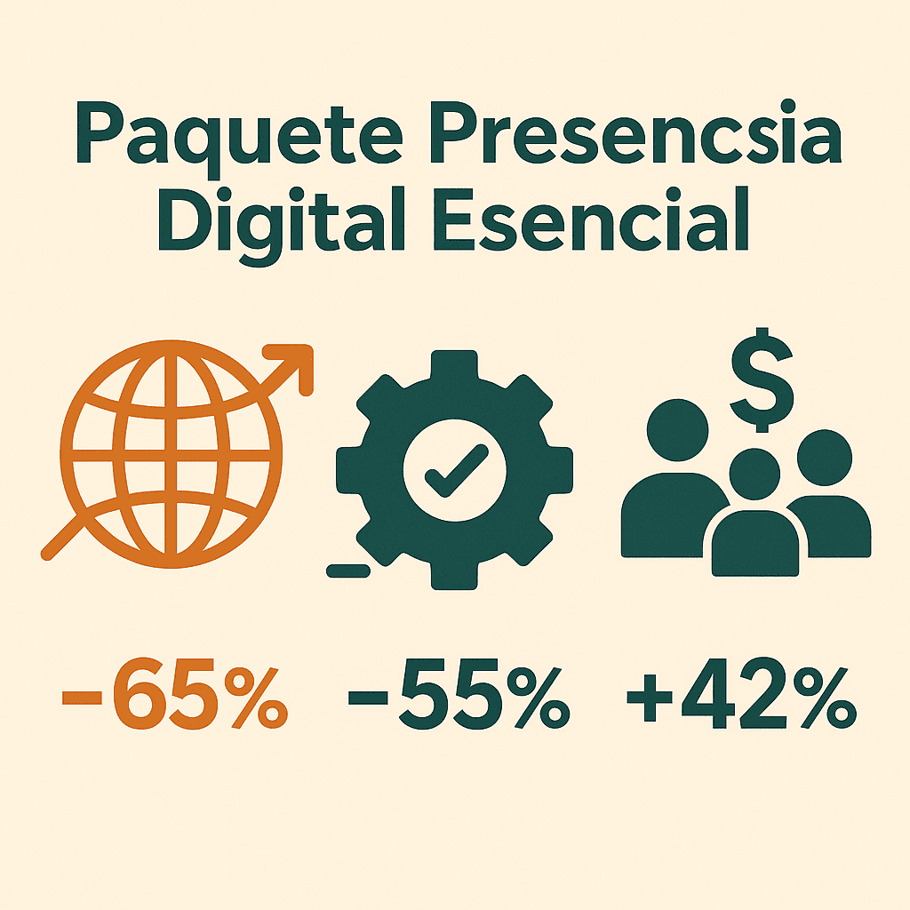 Icono del Paquete Presencia Digital Esencial mostrando mejora del 65% en visibilidad online, reducción del 55% en gestión digital y aumento del 42% en clientes recurrentes.