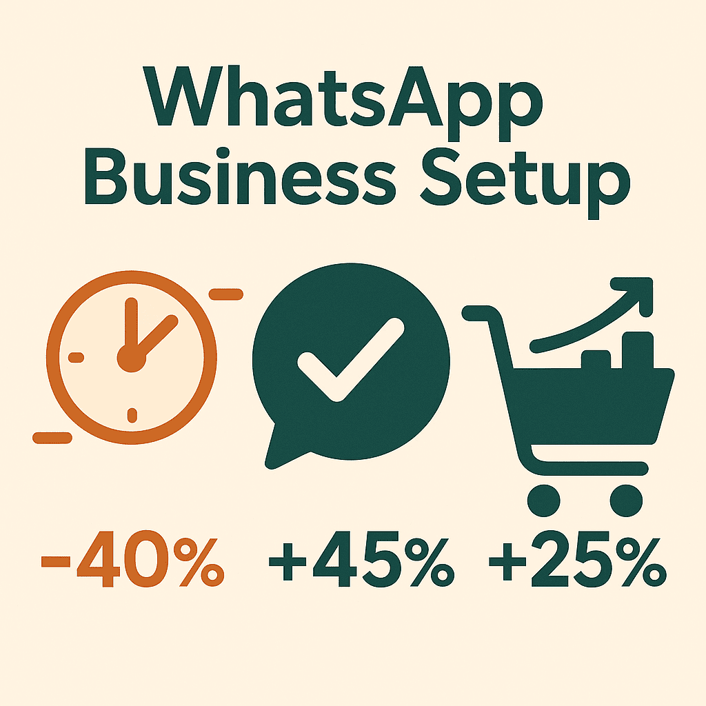 Icono de configuración de WhatsApp Business mostrando reducción del 40% en tiempo de respuesta, aumento del 45% en satisfacción del cliente y mejora del 25% en ventas.