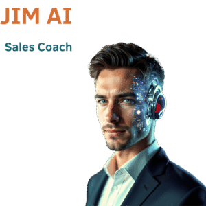 Hombre con traje futurista y tecnología integrada en la cabeza, JIM AI, Coach de Ventas