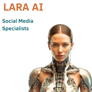 Mujer con traje cibernético futurista, LARA AI, Especialista en Redes Sociales