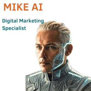 Hombre con cabello rubio y armadura futurista con luces de circuito, MIKE AI, Especialista en Marketing Digital