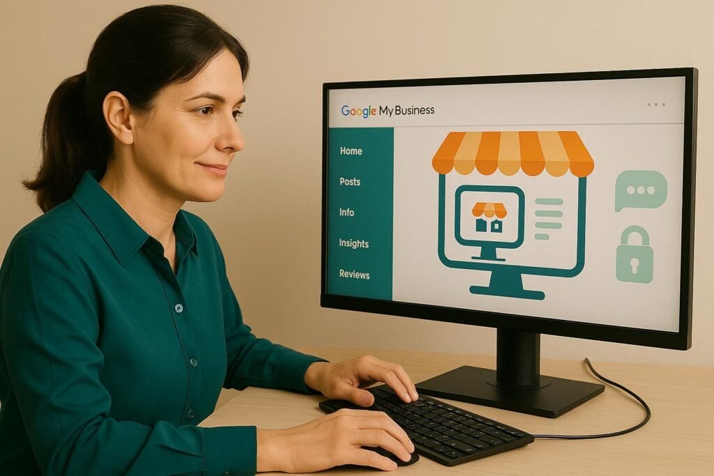 Mujer caucásica de mediana edad con camisa verde, trabajando en Google My Business en su ordenador de escritorio.