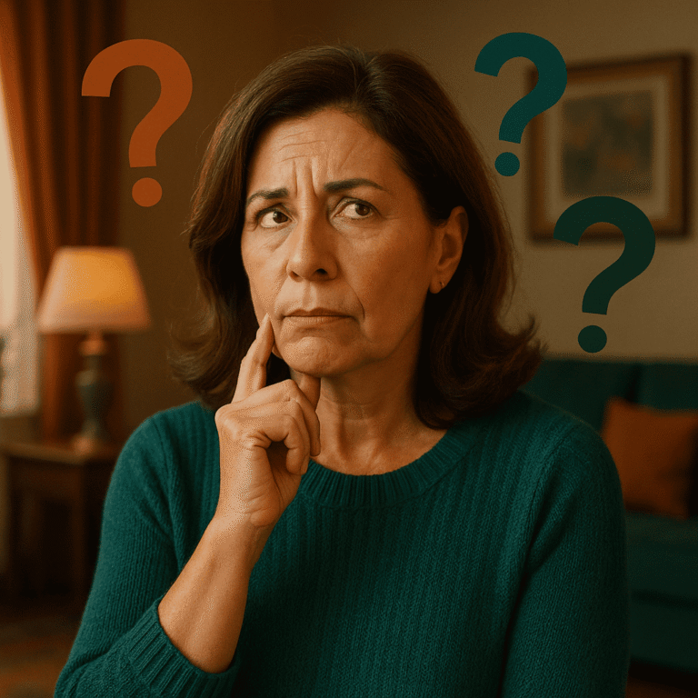 Mujer de unos 50 años con expresión de duda en un entorno elegante, con signos de interrogación en colores cálidos representando incertidumbre sobre servicios digitales.