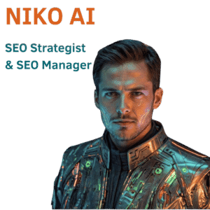 Hombre con chaqueta futurista y luces de neón, NIKO AI, Estratega SEO y Gerente SEO