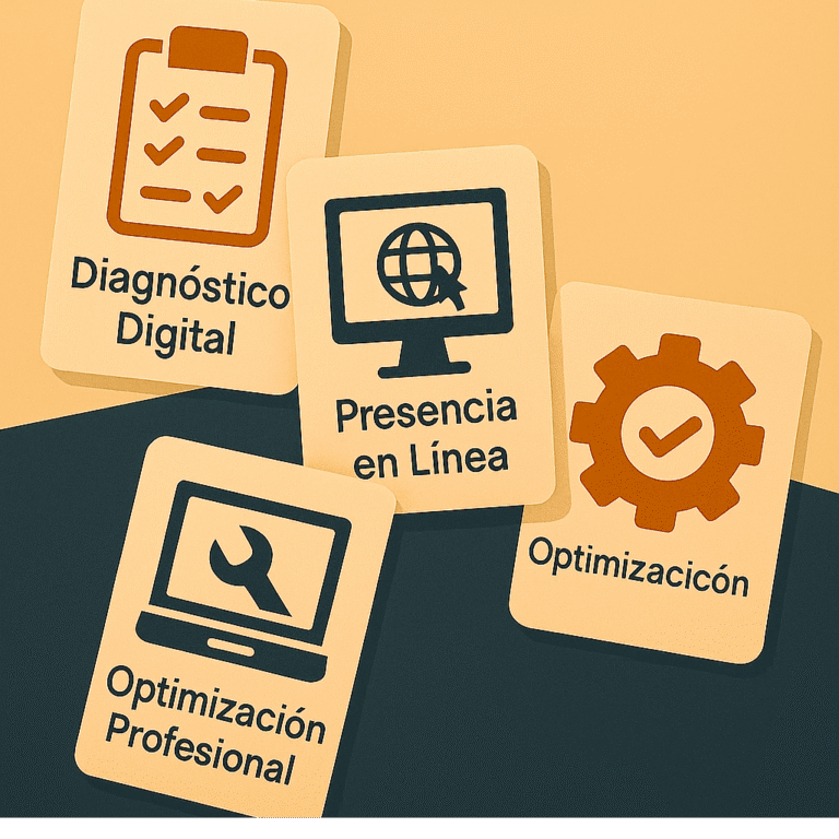 Imagen gráfica dinámica que presenta servicios de marketing digital con tarjetas inclinadas e íconos de diagnóstico, presencia en línea, optimización y personalización