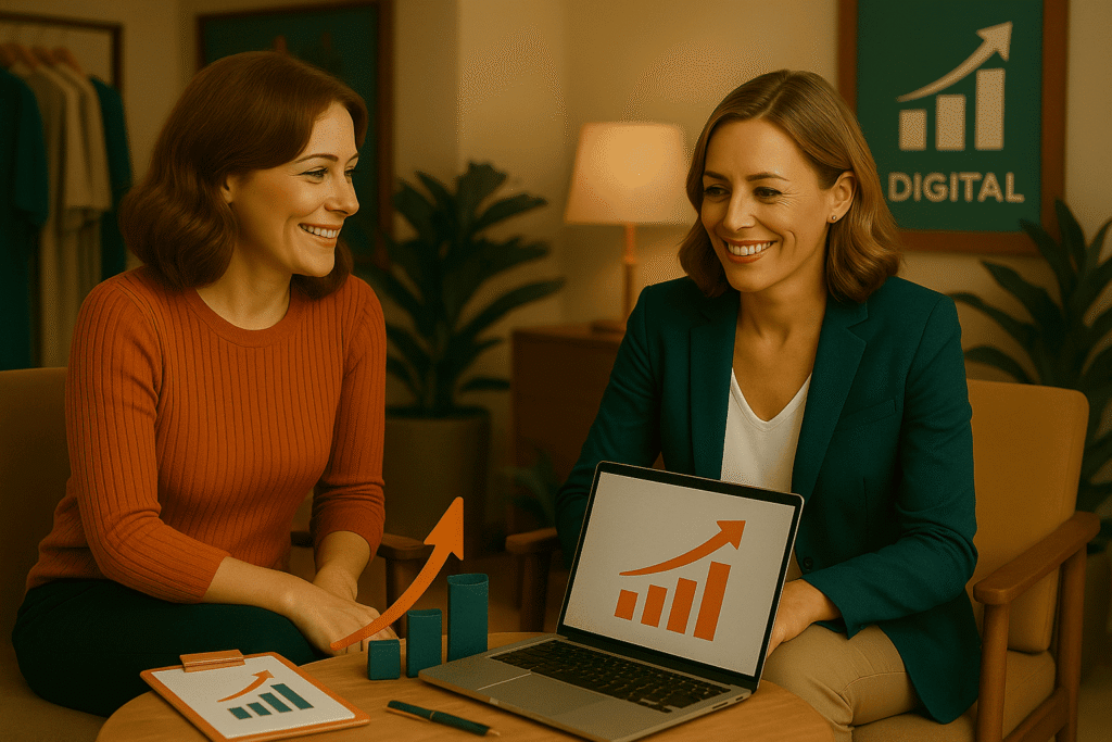 Dos emprendedoras europeas conversando y colaborando en un entorno acogedor, con gráficos de crecimiento y herramientas de trabajo compartidas, representando el programa Pioneras Digitales.