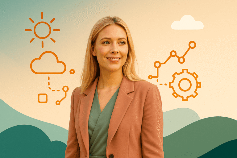 Mujer profesional rubia sonriendo frente a íconos tecnológicos de nube, análisis de datos y automatización.
