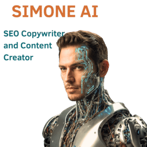 Hombre con traje cibernético y circuitos futuristas en la cara, SIMONE AI, Redactor SEO y Creador de Contenido
