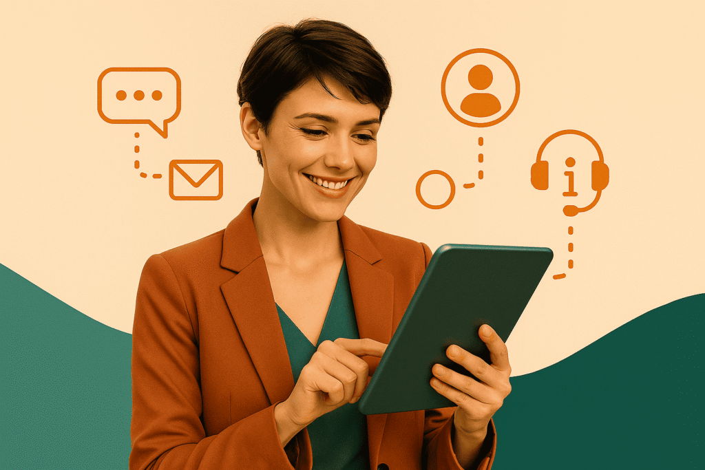 Mujer profesional con cabello corto utilizando una tablet, rodeada de iconos relacionados con servicios de marketing digital.